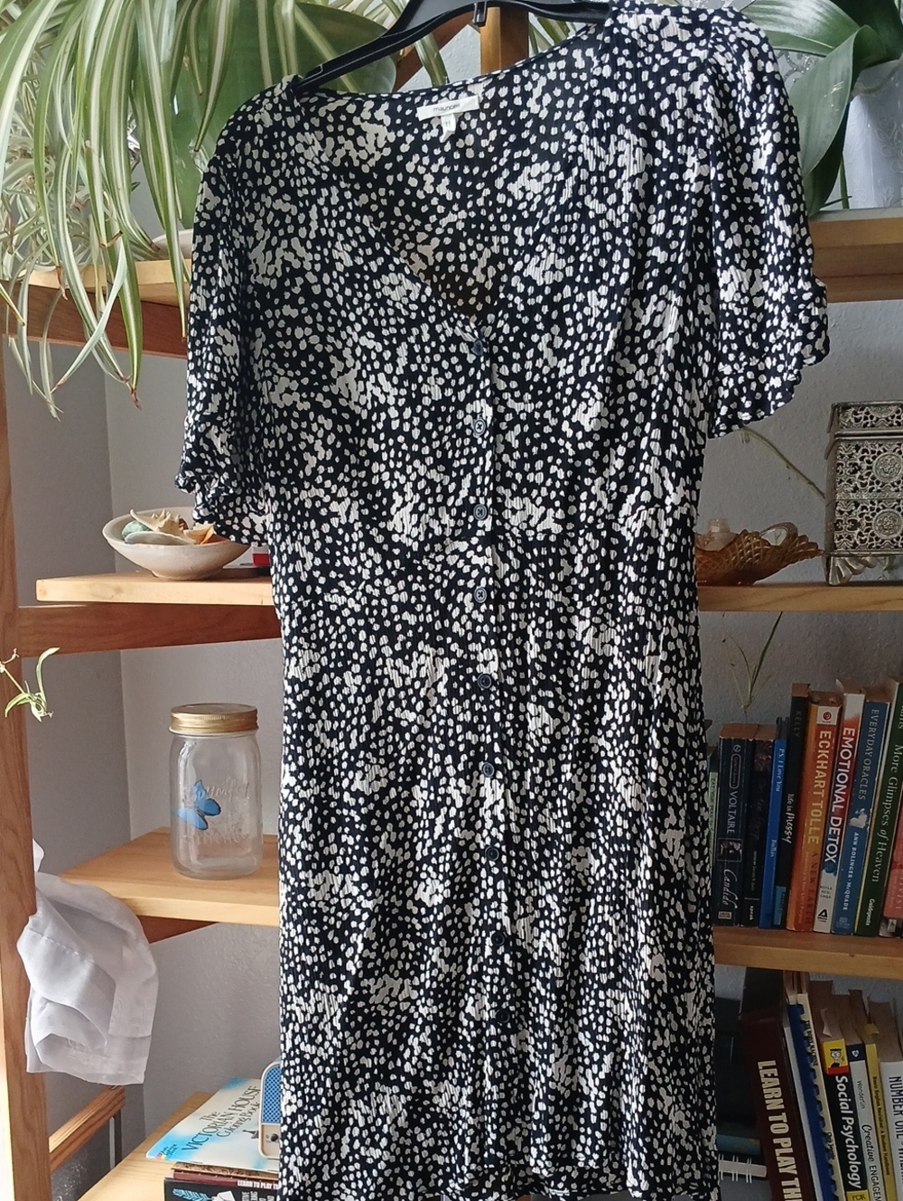 M - Black and White Dot V-Neck Midi Dress